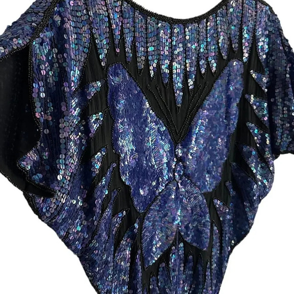 Vintage 70s/80s BUTTERFLY Bluish purple sequin and beaded cape blouse top Sz M - Picture 2 of 15